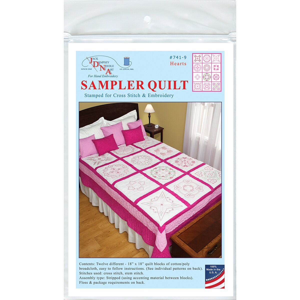 Jack Dempsey Stamped Sampler Quilt Blocks 18"X18" 12/Pkg-Hearts