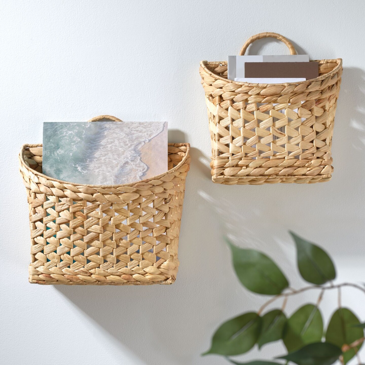 mDesign Woven Water Hyacinth Hanging Wall Storage Basket - Set of 2 - Natural