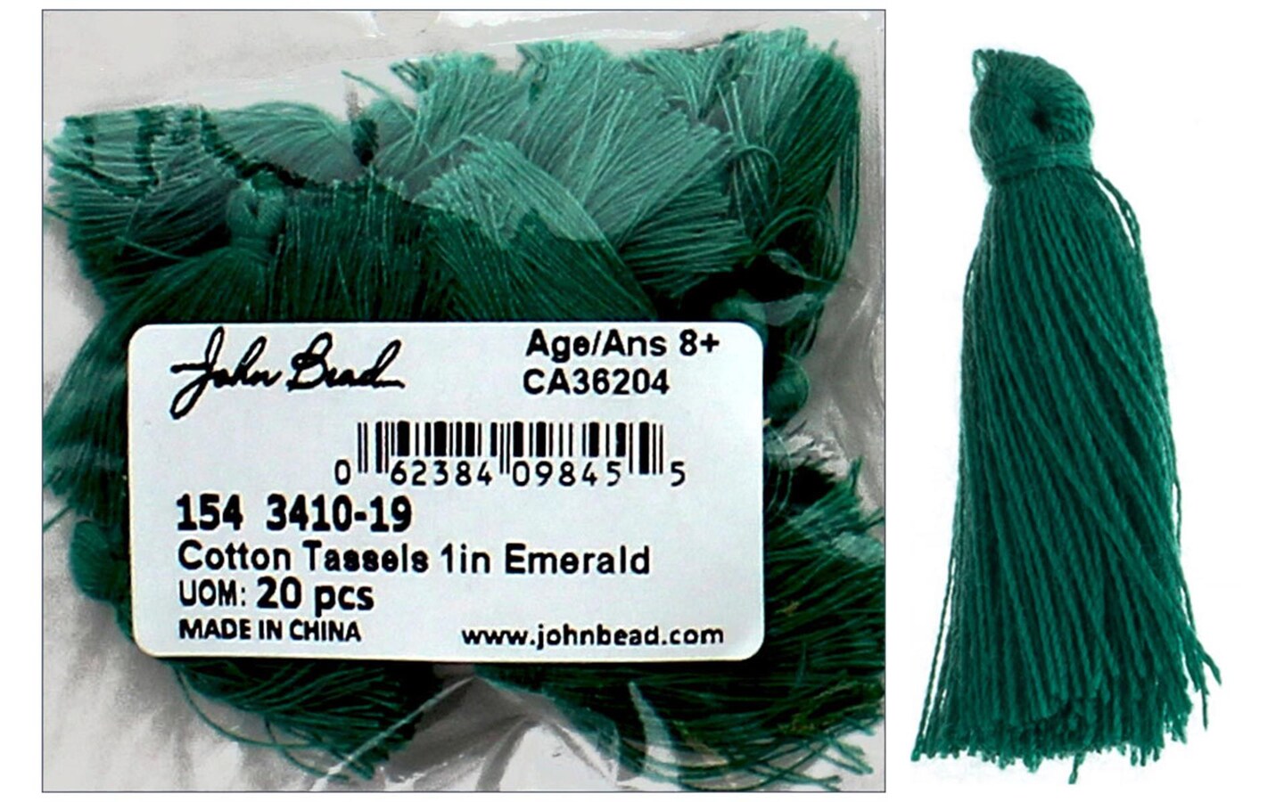 John Bead Tassel 1&#x22; Cotton 20pc Emerald