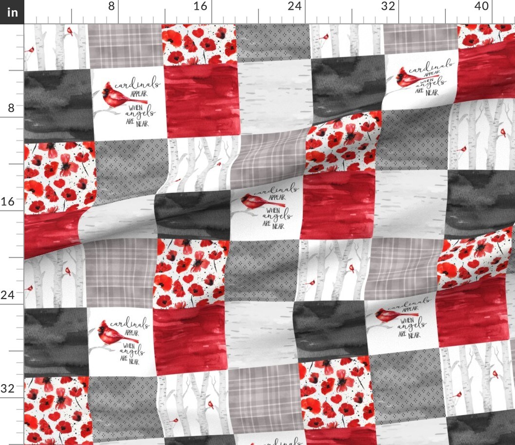 Petal Signature Cotton by the Yard or Fat Quarter Red Cardinal Poppy Angels Are Near Gray White Quilt Topper Wholecloth Cheater Quilt Patchwork Custom Printed Fabric by Spoonflower