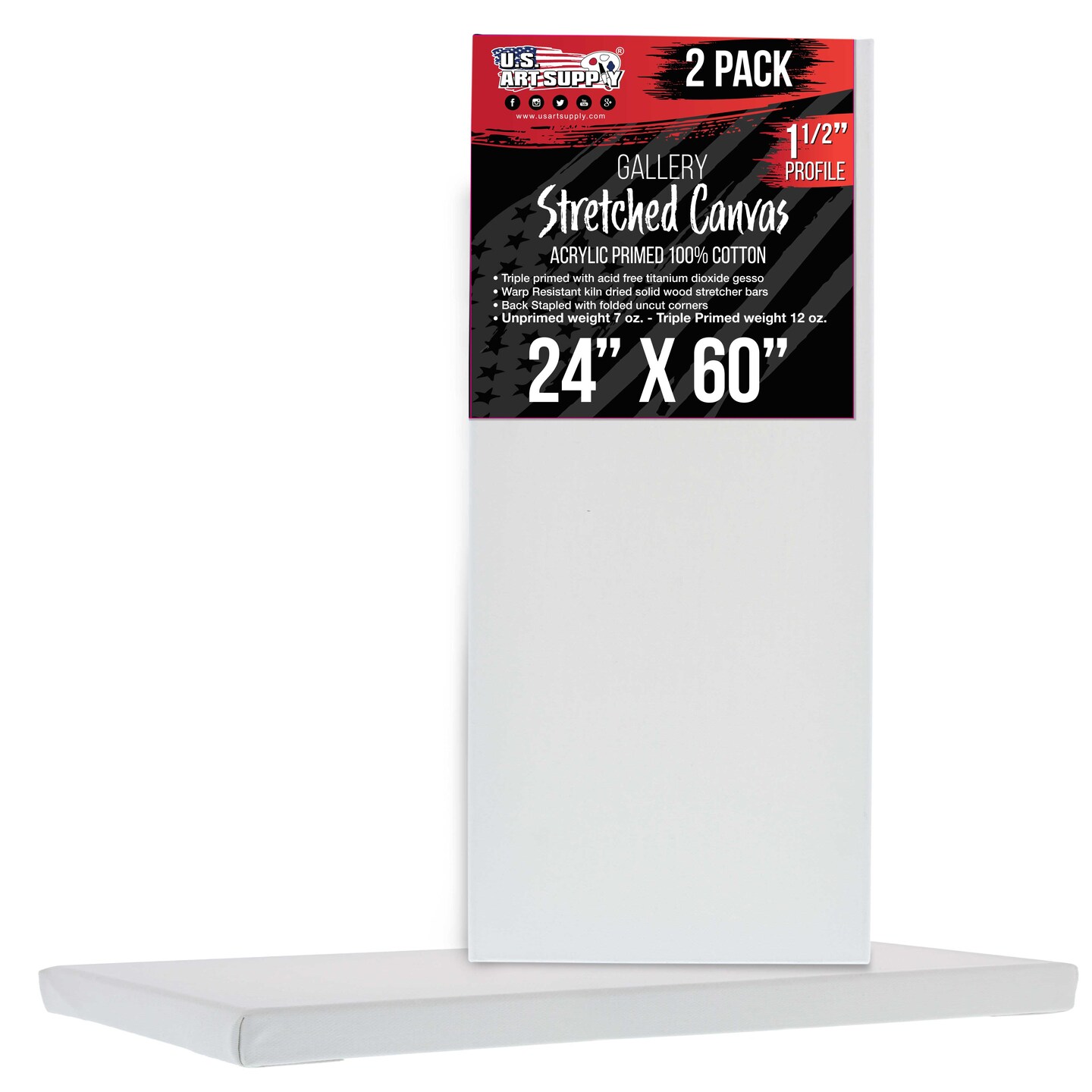 24&#x22; x 60&#x22; Gallery Depth 1-1/2&#x22; Profile Stretched Canvas 2-Pack - Acrylic Gesso Triple Primed 12-ounce 100% Cotton Acid-Free Back Stapled
