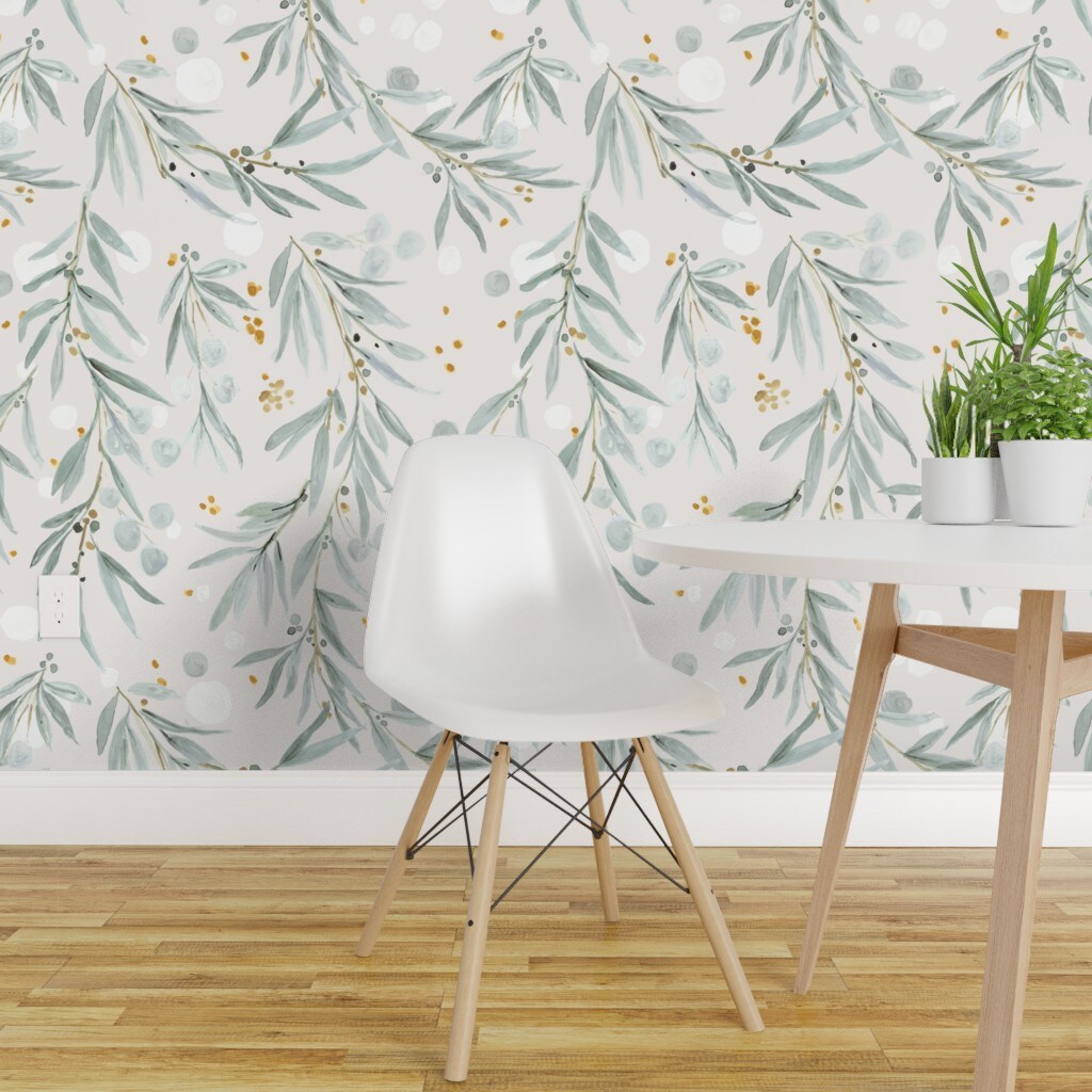 Pre Pasted Wallpaper 2ft Wide Leaves Gray Watercolor Botanical Blue