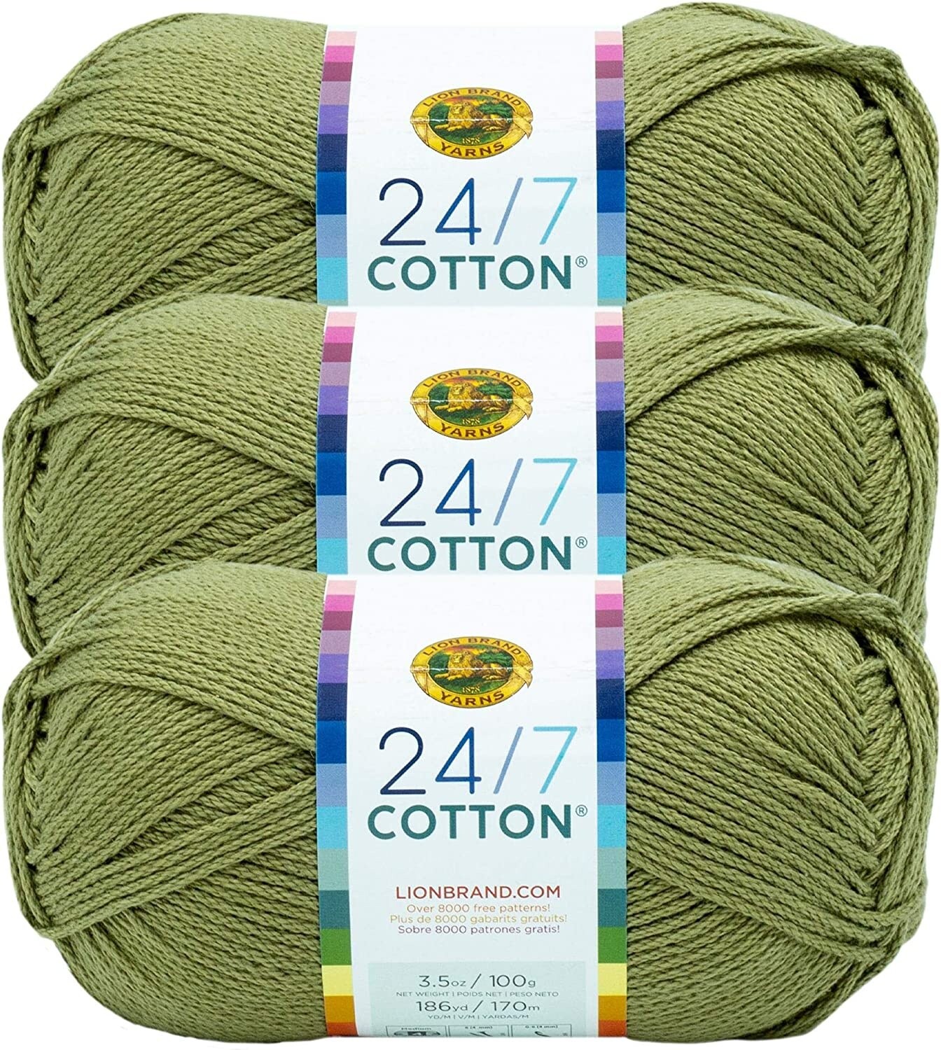 (Pack of 3) Lion Brand 24/7 Cotton Yarn-Bay Leaf