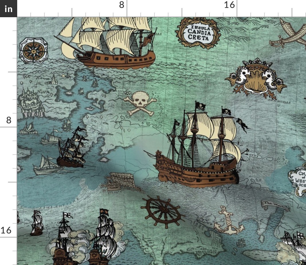 Pirate, Map, Ships, Blue, Big, Ocean, Anchor, Sailor, Nautical, Sea Custom Printed Fabric by Spoonflower Various Fabrics by the Yard or Fat Quarter
