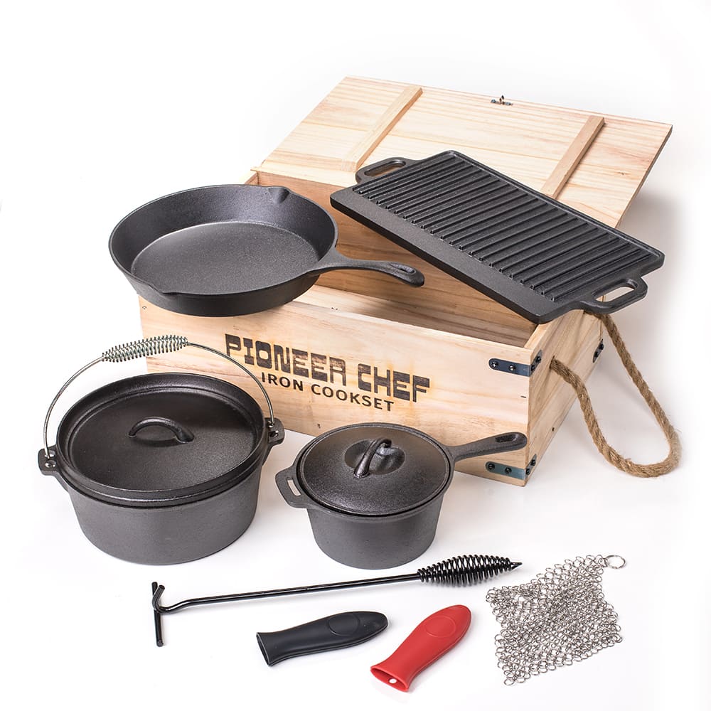 Prospector's Iron Cookware Camping Dutch Oven Set 8 Pieces Wood