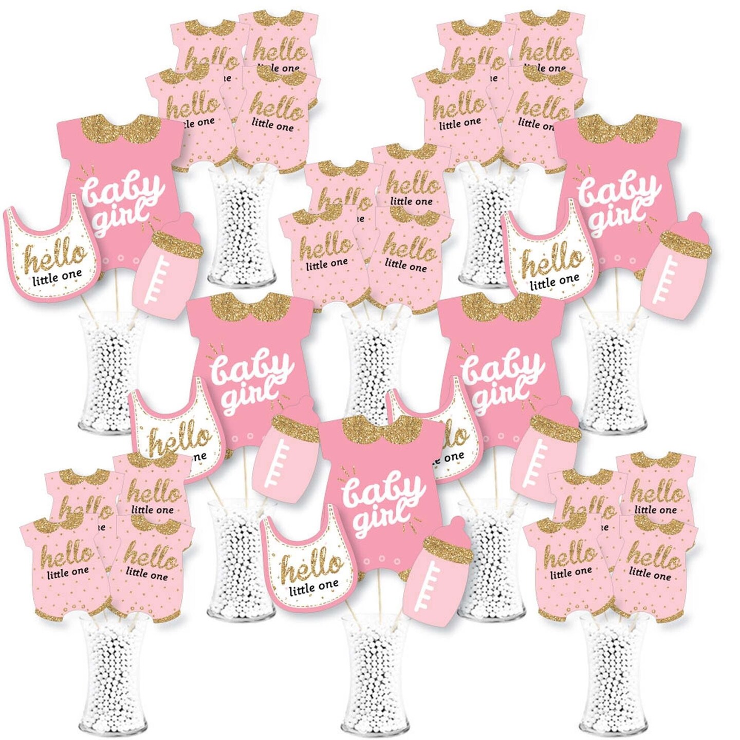 Big Dot of Happiness Hello Little One - Pink and Gold - Girl Baby Shower Centerpiece Sticks - Showstopper Table Toppers - 35 Pieces