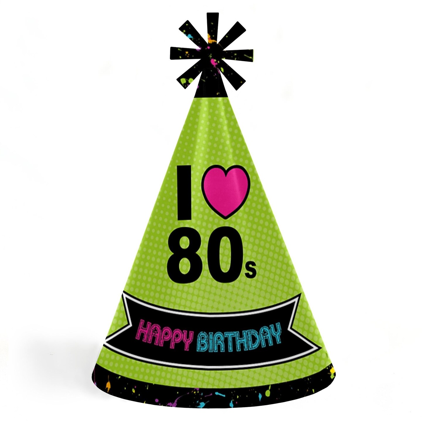 Big Dot of Happiness 80's Retro - Cone Happy Birthday Party Hats for Kids and Adults - Set of 8 (Standard Size)