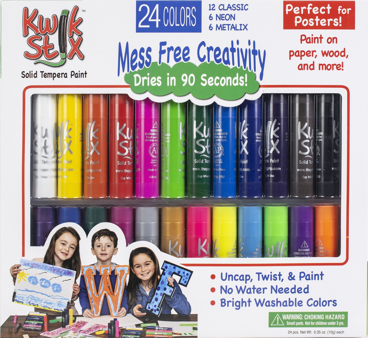 Kwik Stix Solid Tempera Paint Sticks 24/Pkg-Classic, Metalix, Neon Colors