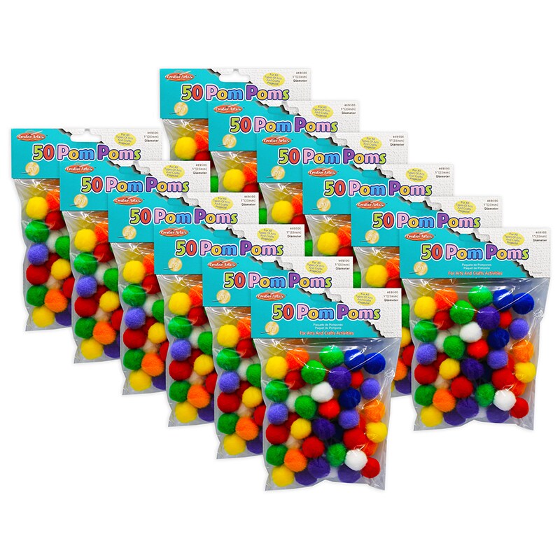 Pom-Poms 1&#x22;, Assorted Colors, 50 Per Pack, 12 Packs