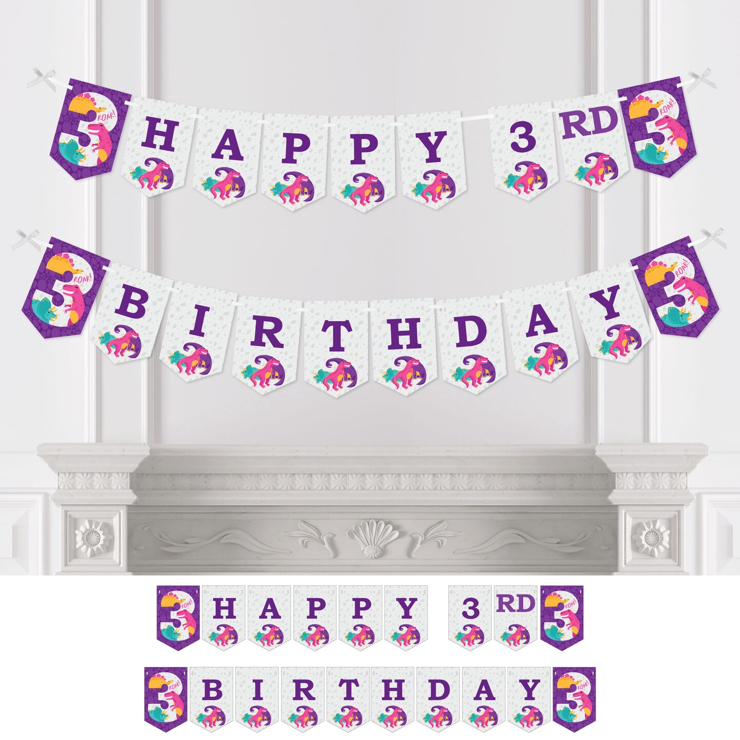 Big Dot of Happiness 3rd Birthday Roar Dinosaur Girl - Three Rex Dino Third Birthday Party Bunting Banner - Party Decorations - Happy 3rd Birthday