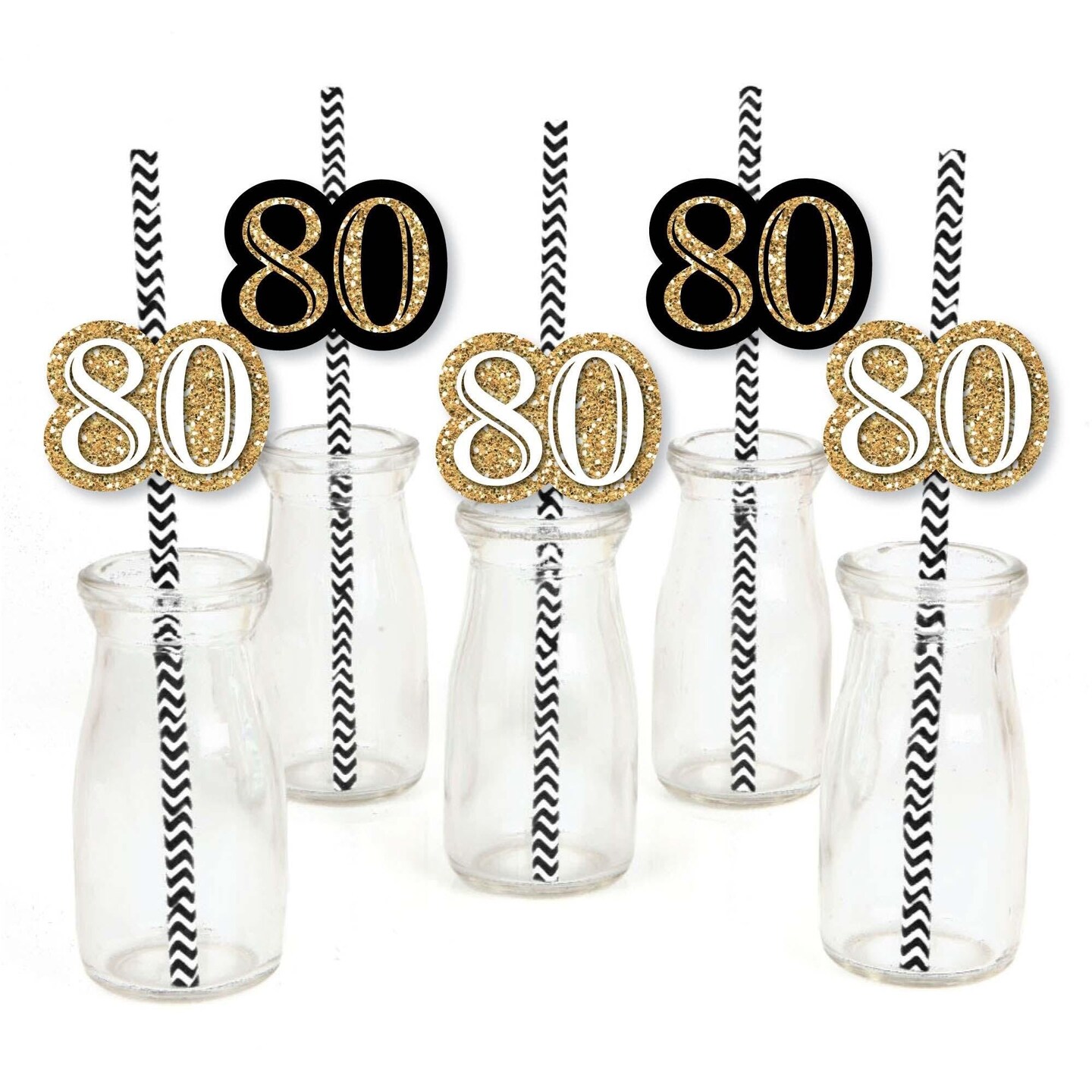 Big Dot of Happiness Adult 80th Birthday - Gold - Paper Straw Decor - Birthday Party Striped Decorative Straws - Set of 24