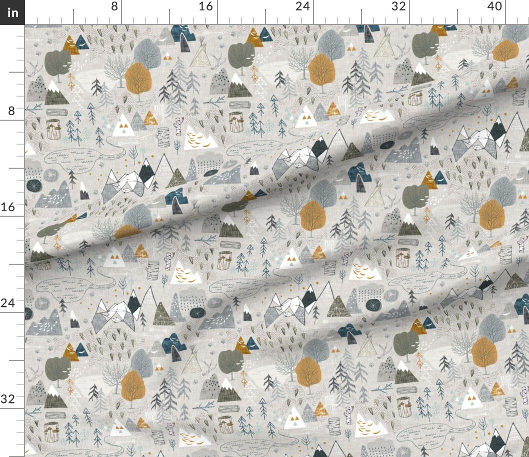 Petal Signature Cotton by the Yard or Fat Quarter Woodland Forest Woods Wilderness Adventure Explore Gray Mustard Blue Custom Printed Fabric by Spoonflower
