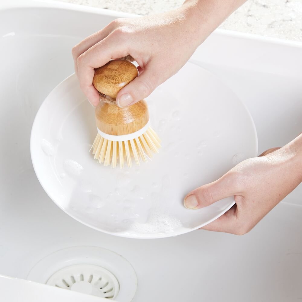 mDesign Bamboo Mini Kitchen Palm Dish Scrubber Brush, 2 Pack