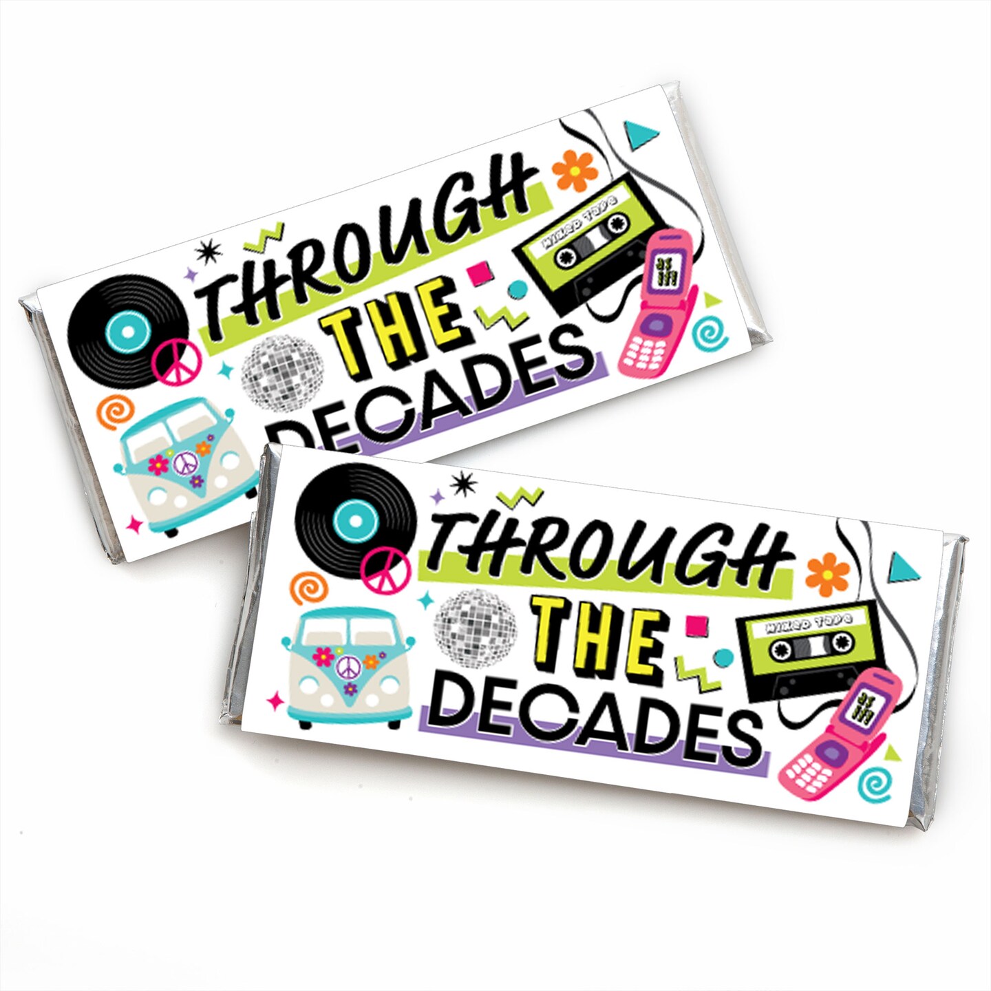 Big Dot of Happiness Through the Decades - Candy Bar Wrapper 50s, 60s, 70s, 80s, and 90s Party Favors - Set of 24