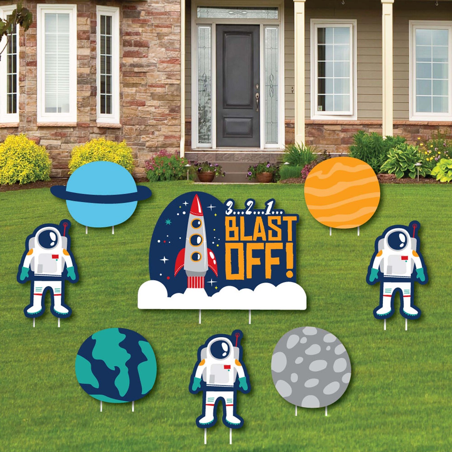 Big Dot of Happiness Blast Off to Outer Space - Yard Sign &#x26; Outdoor Lawn Decorations - Rocket Ship Baby Shower or Birthday Party Yard Signs - Set of 8