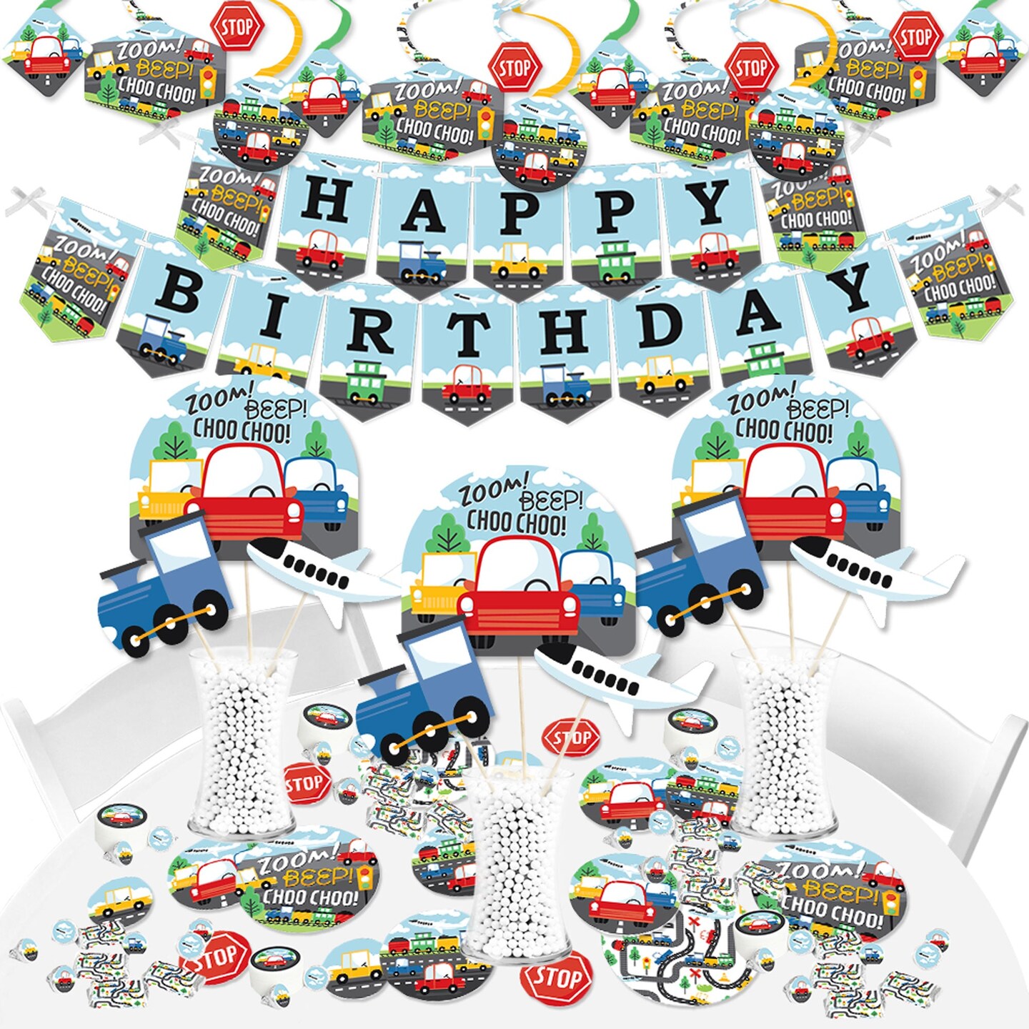 Big Dot of Happiness Cars, Trains, and Airplanes - Transportation Birthday Party Supplies - Banner Decoration Kit - Fundle Bundle