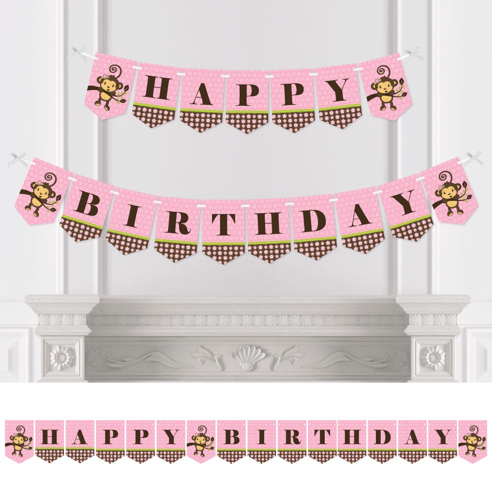 Big Dot of Happiness Pink Monkey Girl - Birthday Party Bunting Banner ...