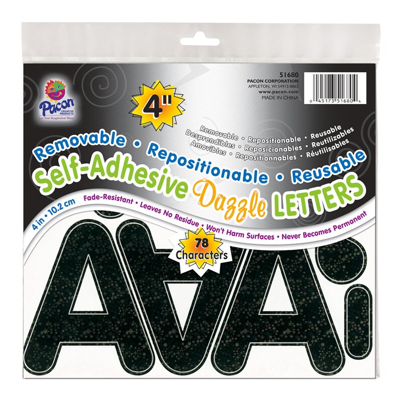 Self-Adhesive Letters, Black Dazzle, Puffy Font, 4&#x22;, 78 Characters