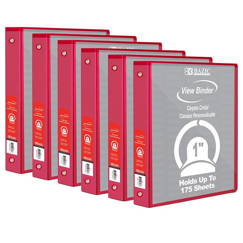 3-Ring View Binder with 2 Pockets, 1&#x22;, Red, Pack of 6