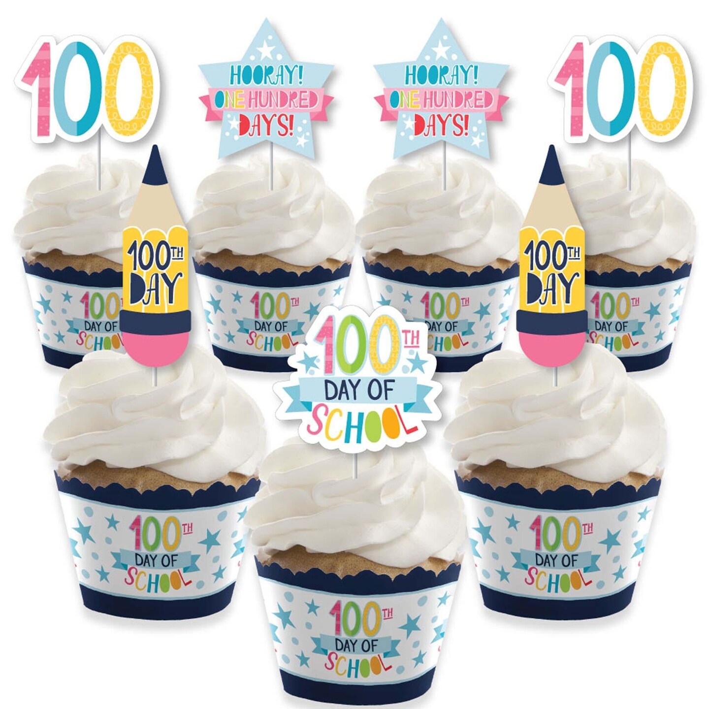 Big Dot of Happiness Happy 100th Day of School - Cupcake Decoration - 100 Days Party Cupcake Wrappers and Treat Picks Kit - Set of 24