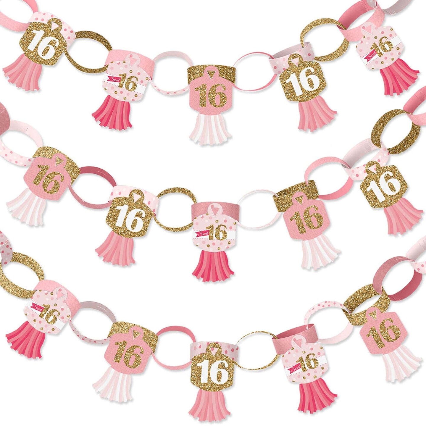 Big Dot of Happiness Sweet 16 - 90 Chain Links and 30 Paper Tassels Decoration Kit - 16th Birthday Party Paper Chains Garland - 21 feet