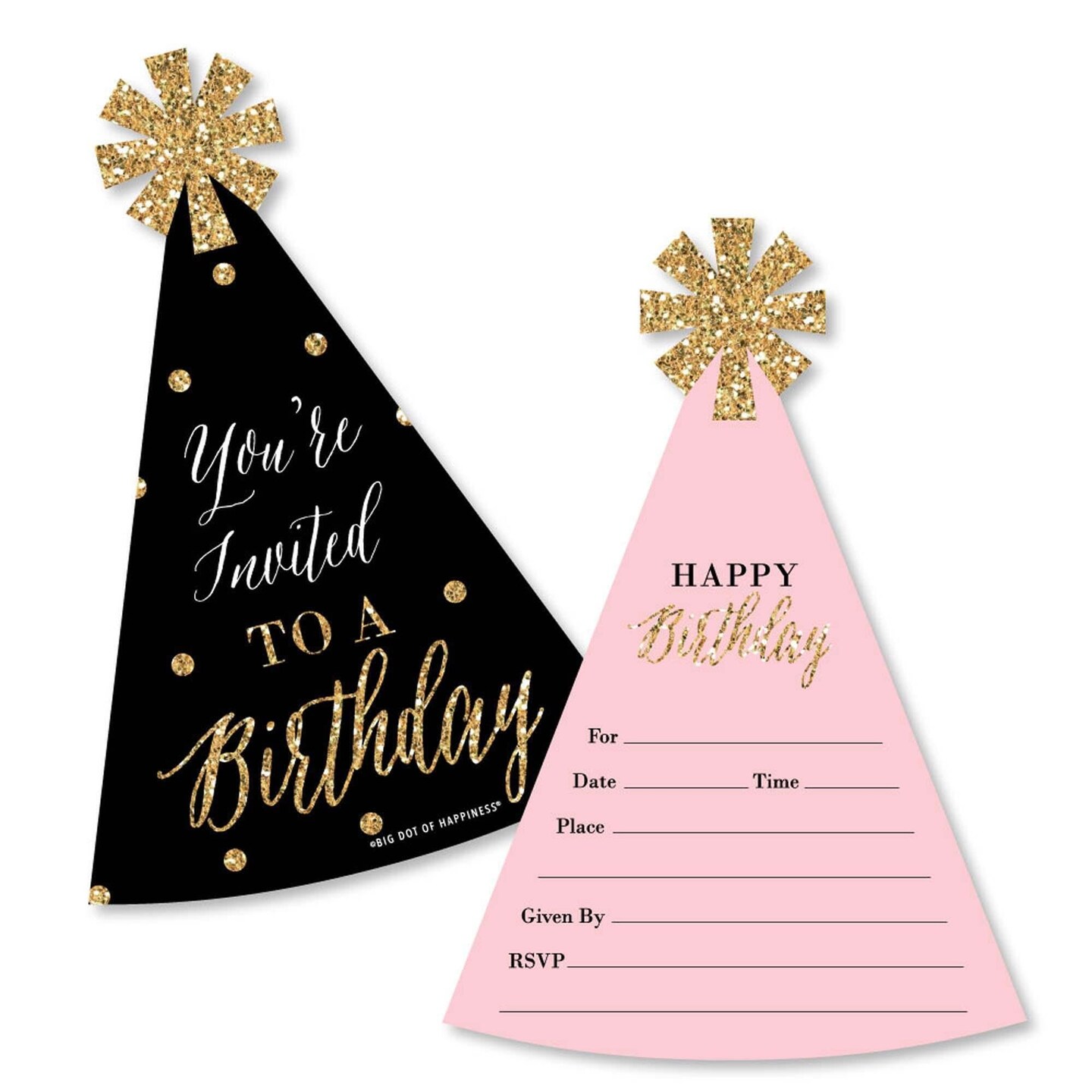 Big Dot of Happiness Chic Happy Birthday - Pink Black &#x26; Gold - Shaped Fill-in Invitations - Birthday Party Invitation Cards with Envelopes - Set of 12