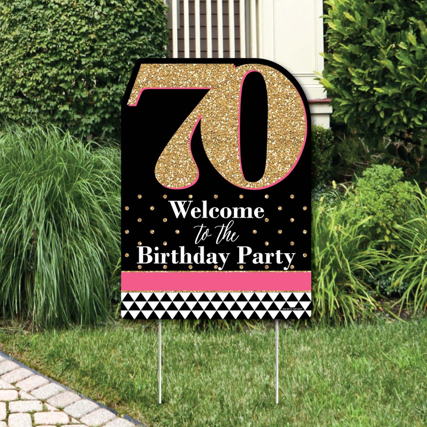 Big Dot of Happiness Chic 70th Birthday - Pink, Black and Gold - Party Decorations - Birthday Party Welcome Yard Sign