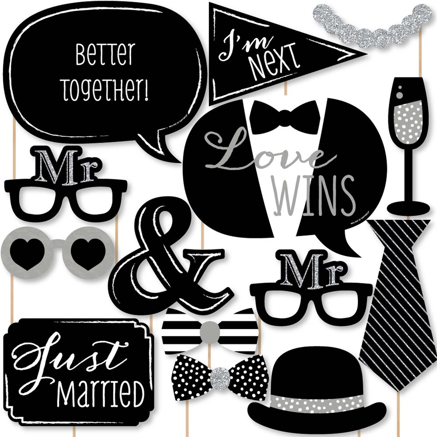 Big Dot of Happiness Mr. & Mr. - Silver - Gay Wedding Photo Booth Props Kit - 20 Count
