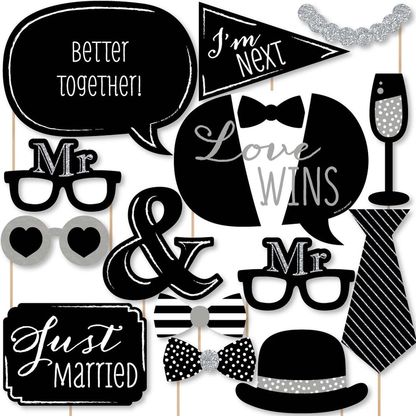 Big Dot of Happiness Mr. &#x26; Mr. - Silver - Gay Wedding Photo Booth Props Kit - 20 Count