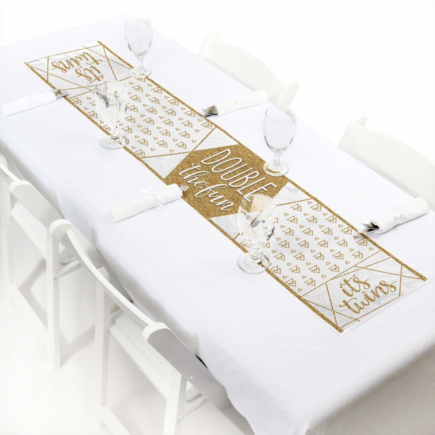 Big Dot of Happiness It&#x27;s Twins - Petite Gold Twins Baby Shower Paper Table Runner - 12 x 60 inches