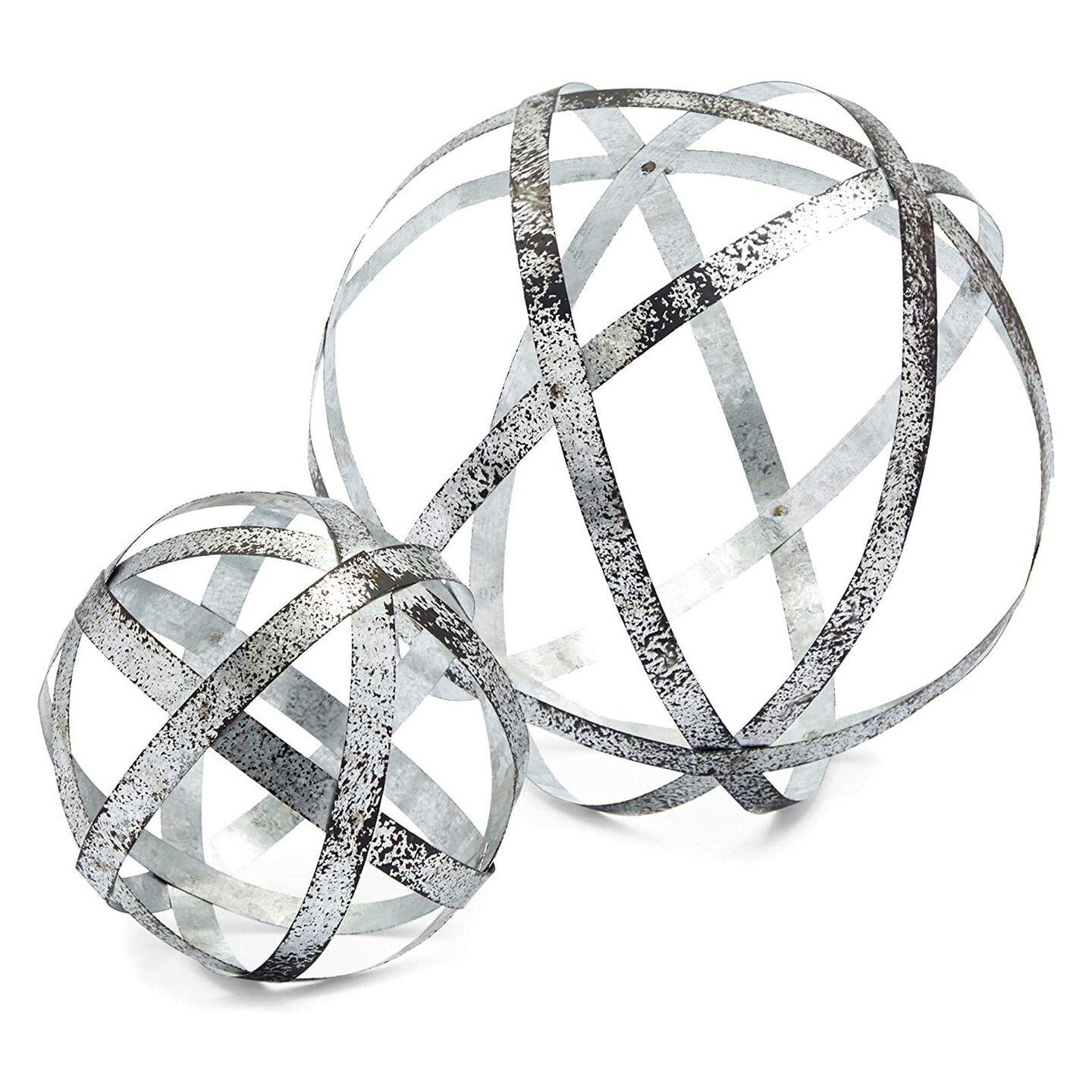 2 Piece Silver Metal Decorative Spheres for Home Decor, Table, Rustic Style Shelf Decor Accents (2 Sizes)