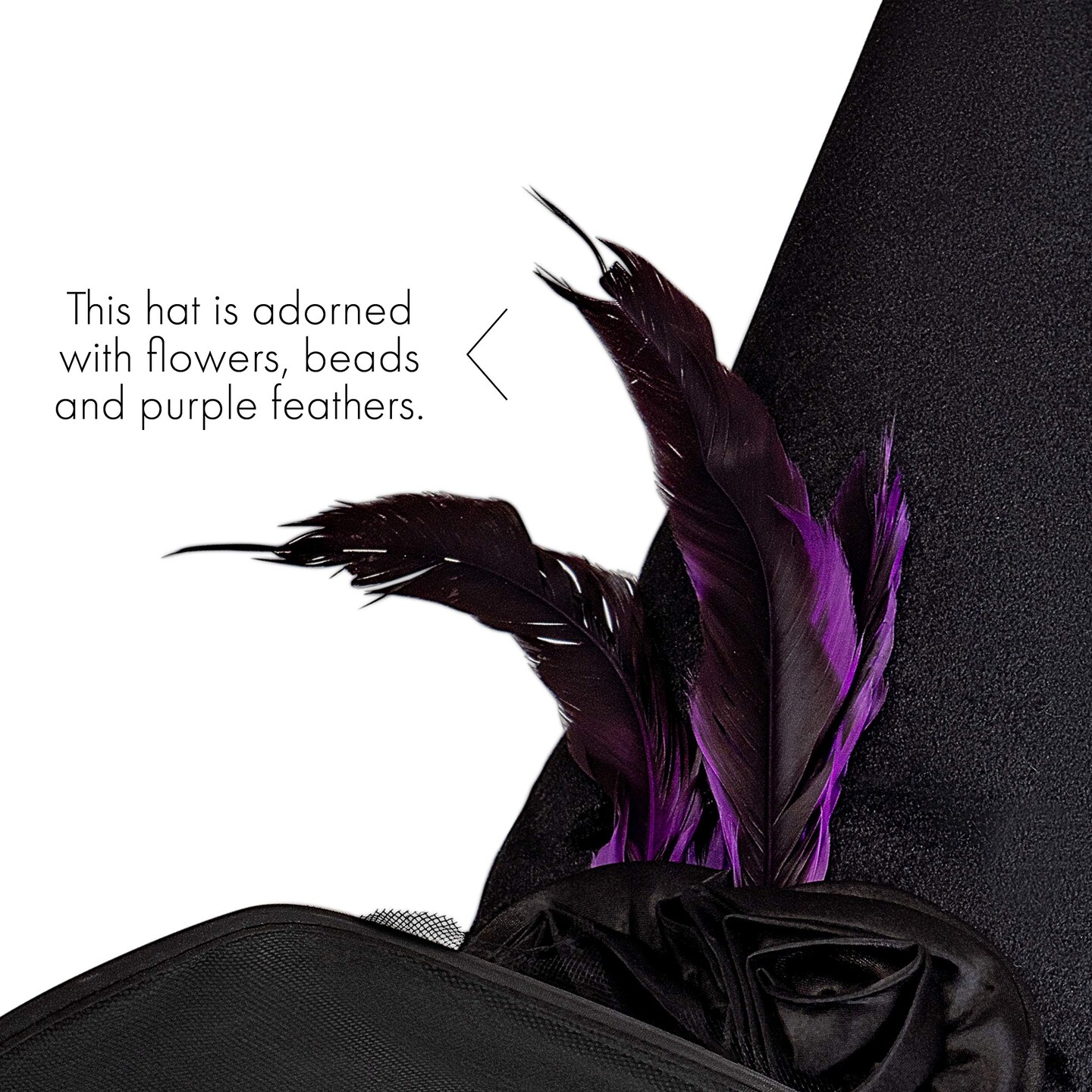 Deluxe Pointed Witch Hat - Glamorous Black Witches Accessories Fancy Velvet Hat with Flowers, Beads and Purple Feathers