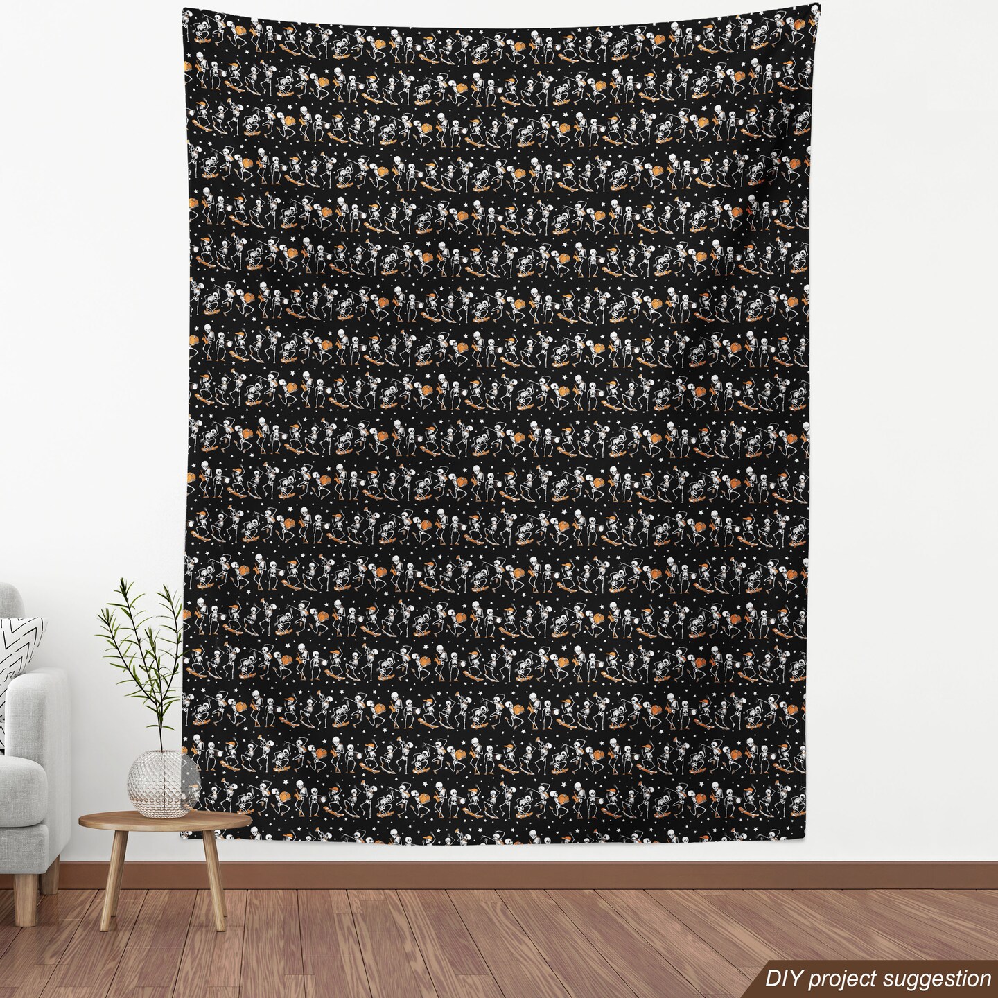 Ambesonne Halloween Fabric by The Yard, Skeletons with Pumpkins Skating Musician on Dark Background, Decorative Fabric for Upholstery and Home Accents, 1 Yard, Charcoal Grey