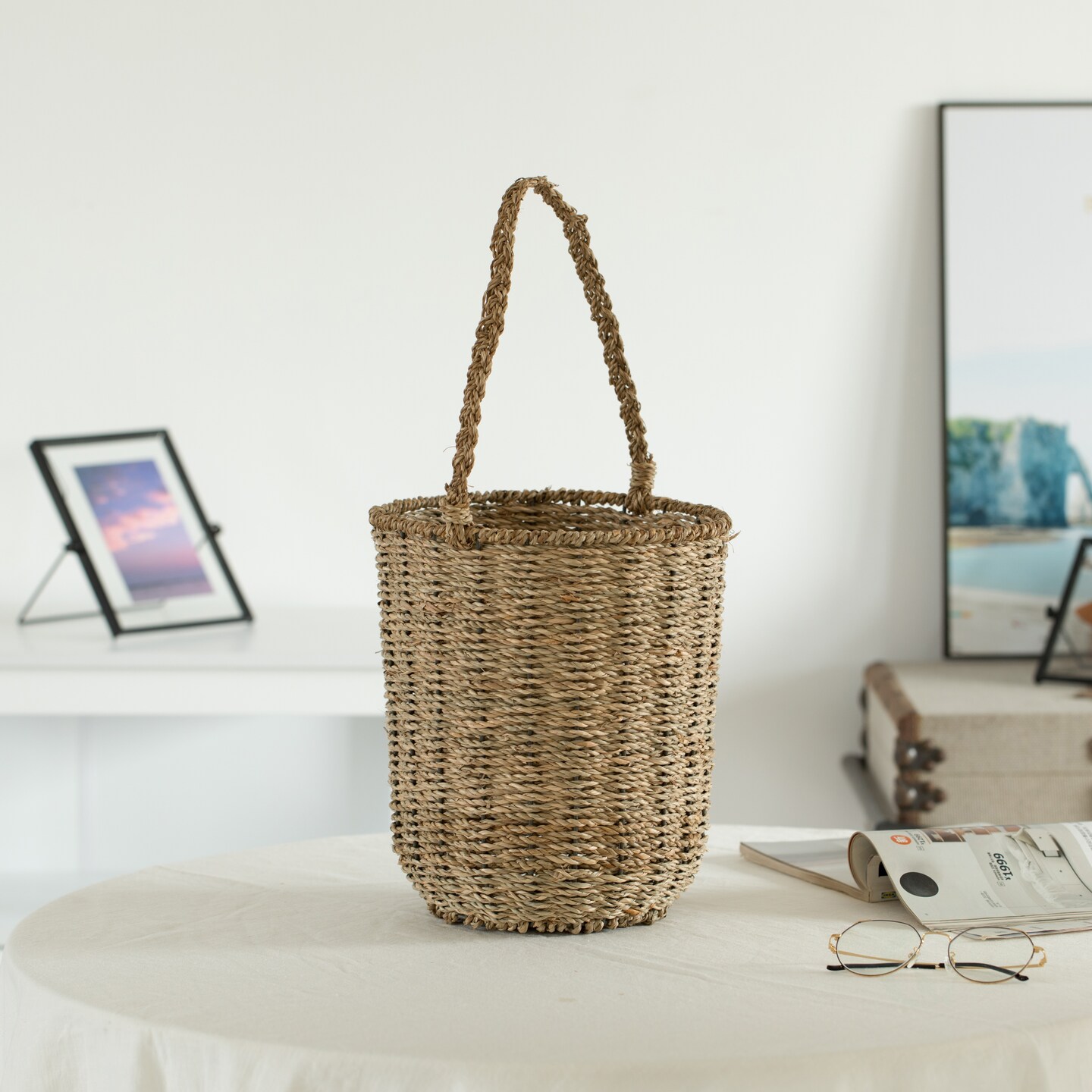 Decorative Woven Natural Seagrass Storage Basket with Built in Woven Handles