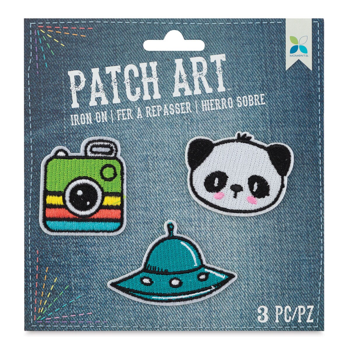 Momenta Iron-On Patch Art - Pkg of 3, Camera, UFO, Panda