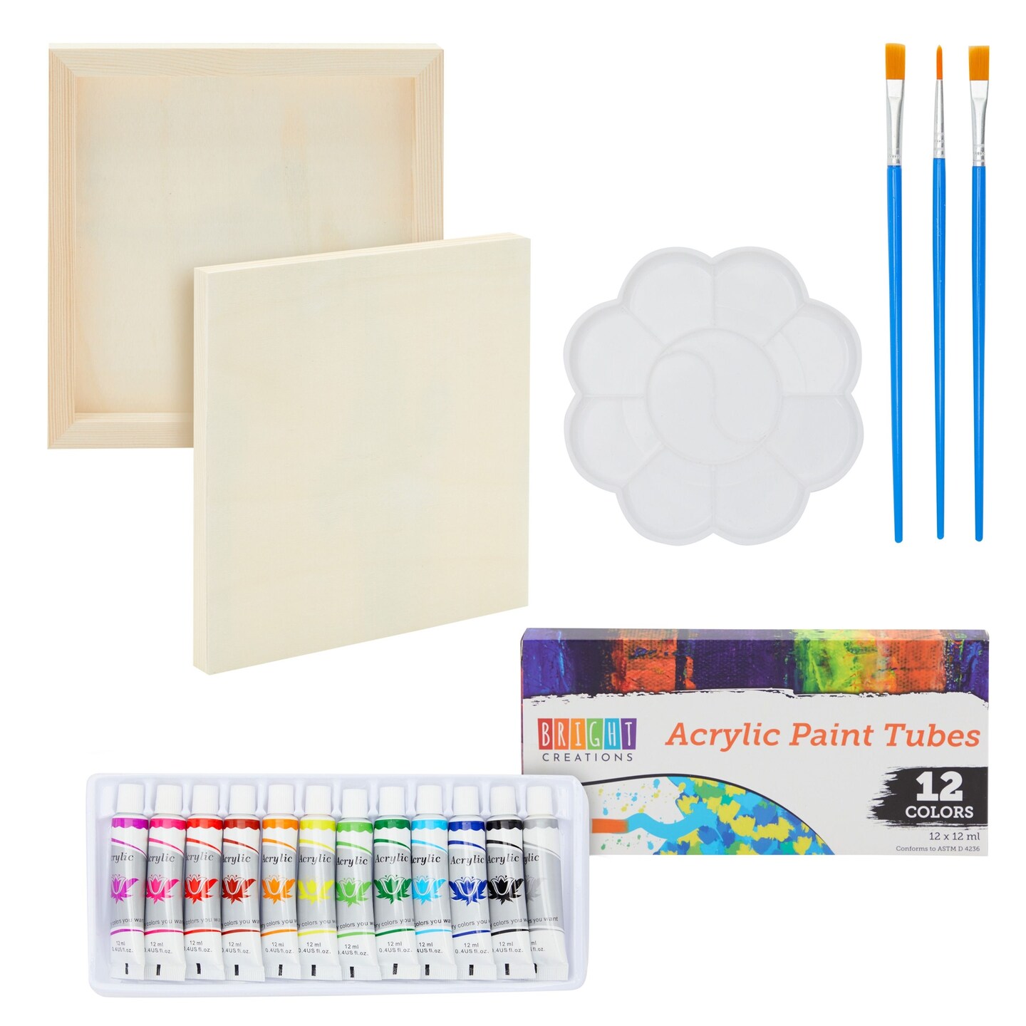 18 Piece 8x8 Canvas Painting Set with 12 Acrylic Paint Tubes, 3 Brushes,  and 1 Palette