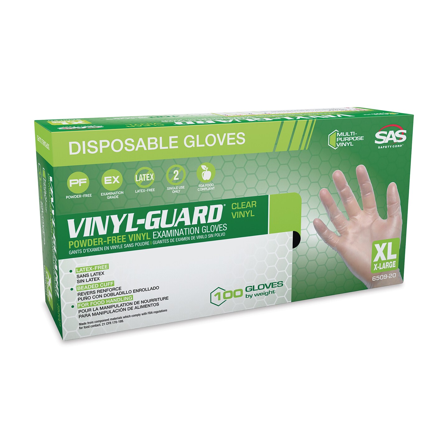 SAS Safety Vinyl-Guard Vinyl Disposable Examination Gloves - XLarge, Pkg of 100