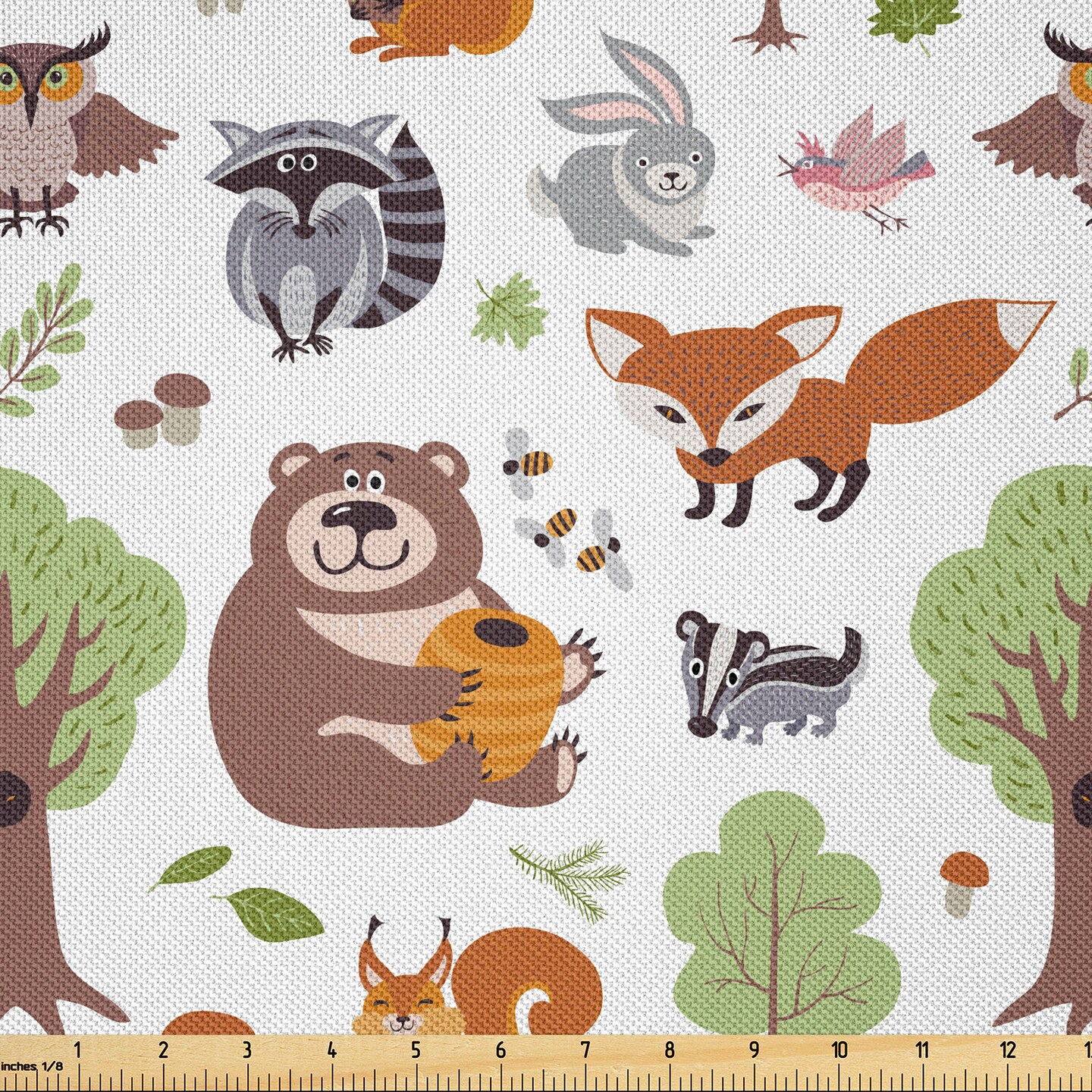 Ambesonne Forest Fabric by The Yard, Doodle Woodland Creatures as Honey Bear Rabbit Fox and Raccoon in Nature Habitat, Decorative Satin Fabric for Home Textiles and Crafts, 1 Yards, Multicolor