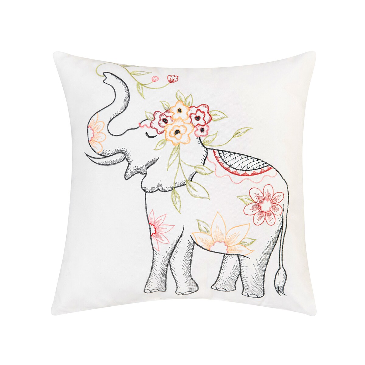 18&#x22; x 18&#x22; Tropical Elephant Indoor / Outdoor Embroidered Throw Pillow