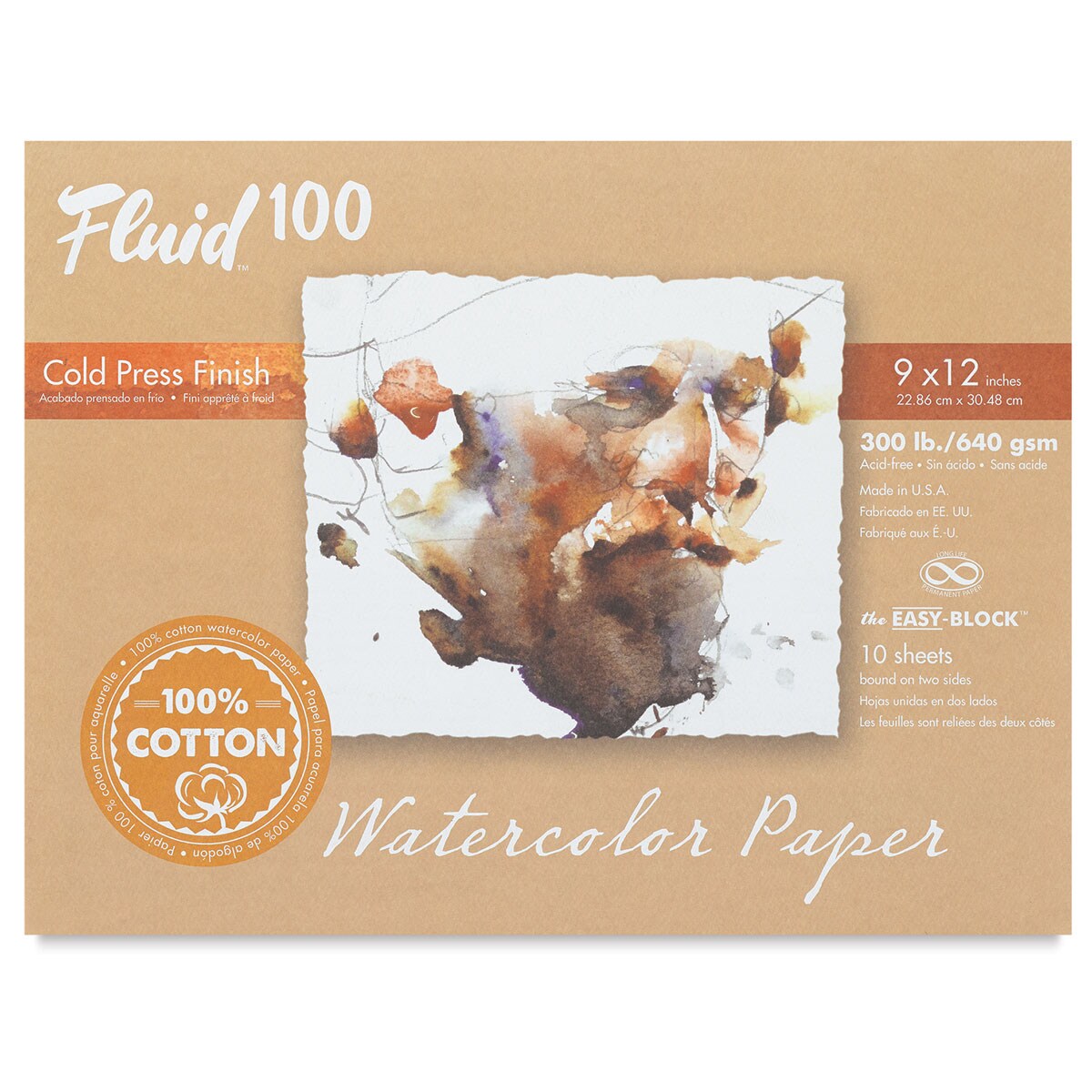 Fluid 100 Watercolor Paper Block - 9" x 12", Pkg of 10 Sheets, 300 lb, Cold Press