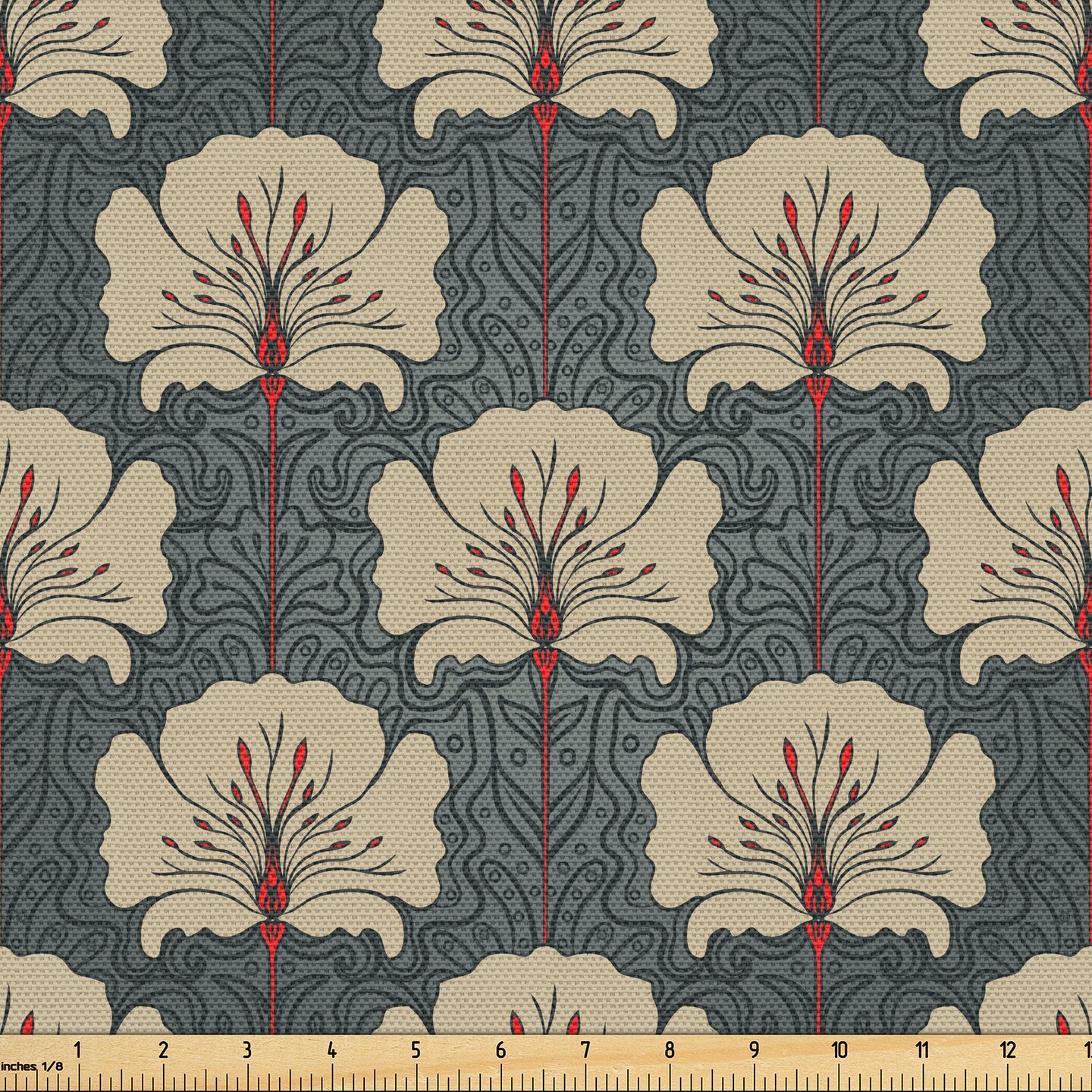 Ambesonne Floral Fabric by The Yard, Art Nouveau Style Romantic Poppy Flowers and Ornate Nature Design, Decorative Fabric for Upholstery and Home Accents, 3 Yards, Vermilion Grey