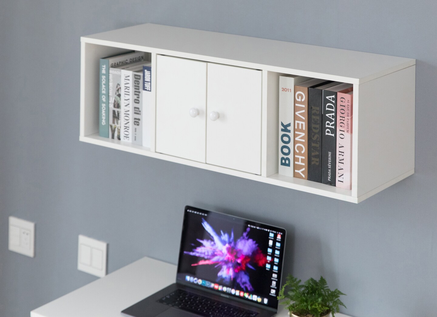 Basicwise Wall-Mounted Computer Desk with Storage Shelves Floating Laptop Table for Home Office or Study Room Foldable Workstation with Compartments for Books Office Supplies and Decor, Brown Finish