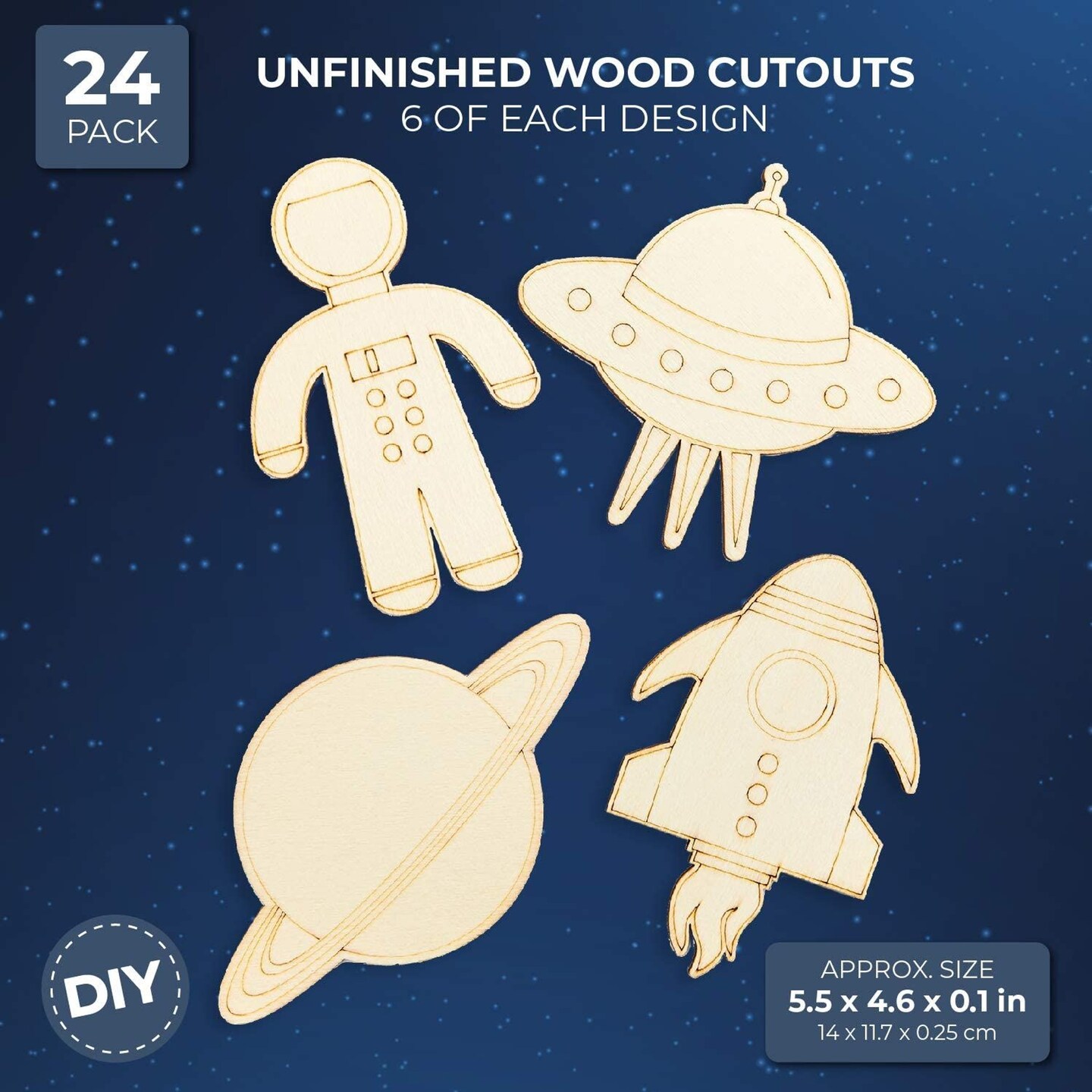 24 Pack Unfinished Wood Cutouts for Outer Space Crafts, Wooden UFO, Astronaut, Planet, Rocket Ship (5.5 x 4.6 In)