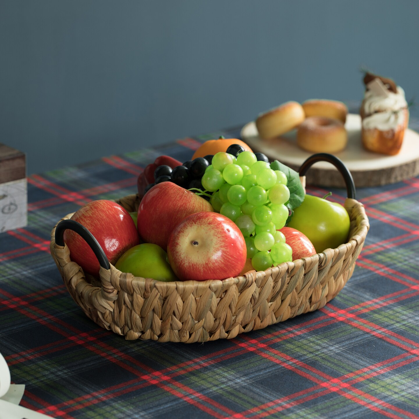 Natural Water Hyacinth Storage Oval Baskets with Black Handles for Serving or Decoration