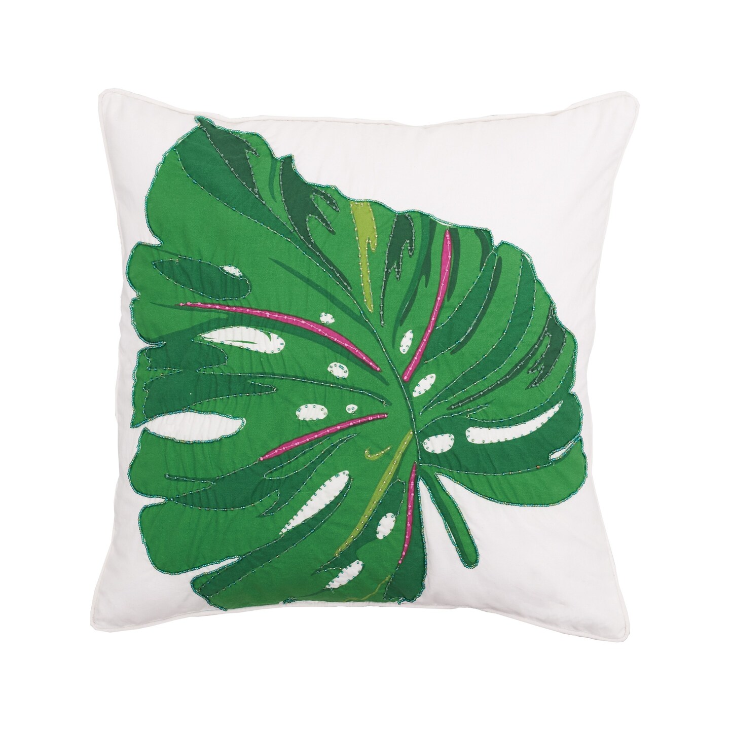 18&#x22; x 18&#x22; Layla Monstera Palm Beaded Throw Pillow