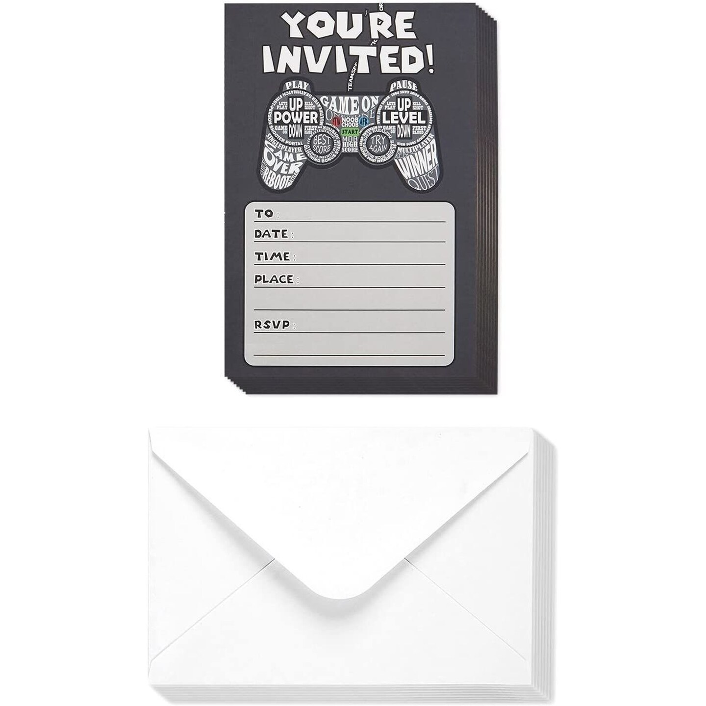 40-Pack Video Game Birthday Party Invitations with Envelopes, Kids & Boys Birthdays, Gaming Theme Party Supplies, 4 x 6"