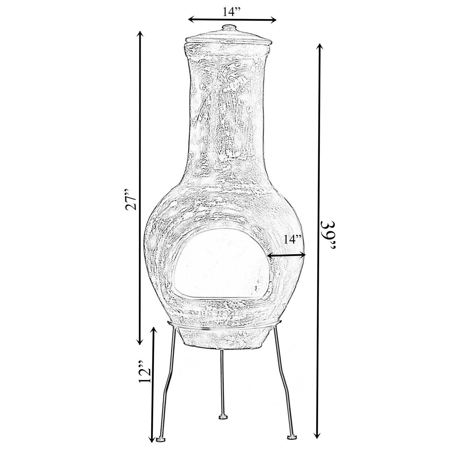 Gray Outdoor Clay Chiminea Outdoor Fireplace Stoney Scribbled Design Charcoal Burning Fire Pit with Sturdy Metal Stand, Barbecue, Cocktail Party, Family Gathering, Cozy Nights Fire Pit