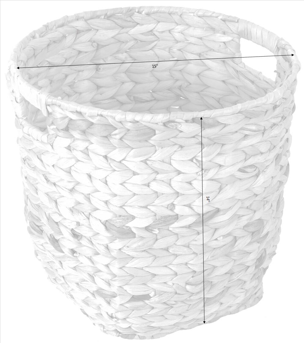 Large Round Water Hyacinth Wicker Basket with Handles - Handwoven Trash Bin