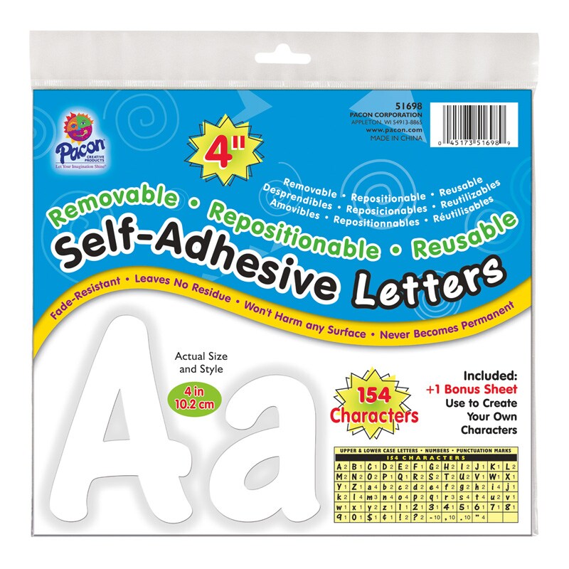 Self-Adhesive Letters, White, Cheery Font, 4&#x22;, 154 Characters