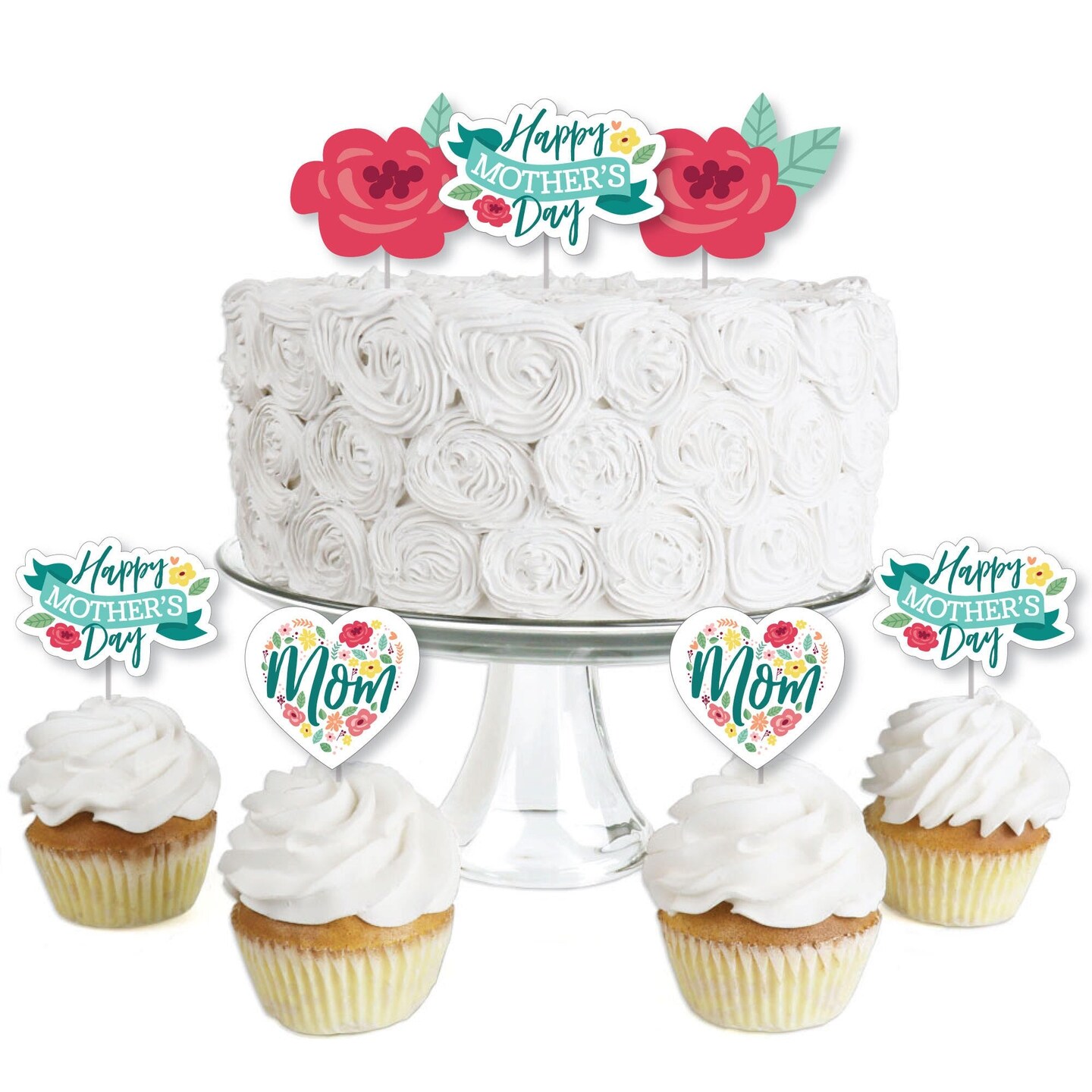 Big Dot of Happiness Colorful Floral Happy Mother&#x27;s Day - Dessert Cupcake Toppers - We Love Mom Party Clear Treat Picks - Set of 24